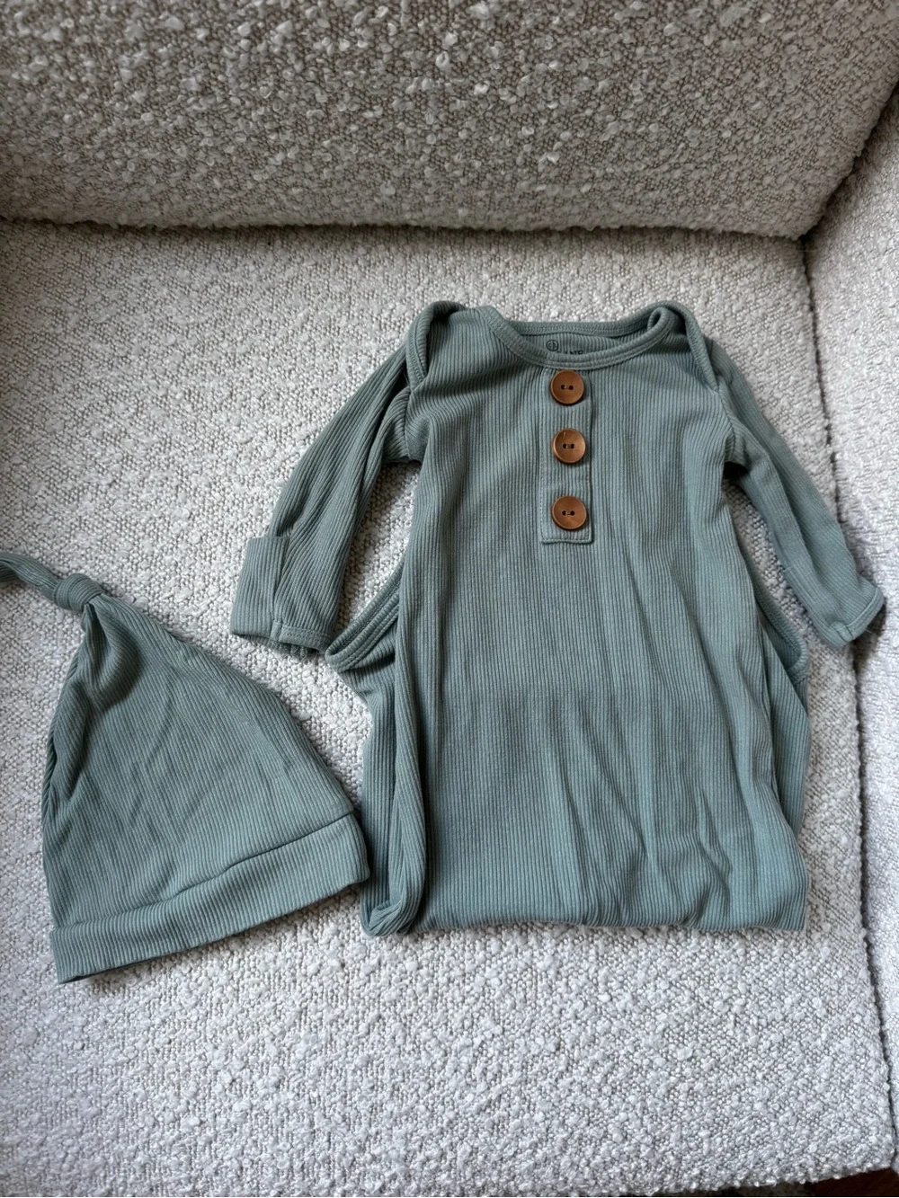 Caden Lane Soft Ribbed Sage Green Baby One-Piece Gown with Hat